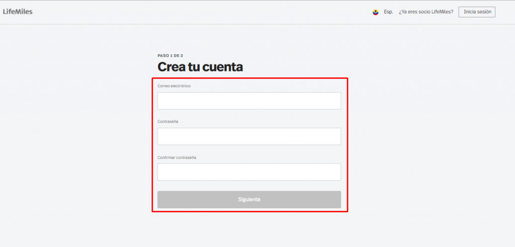Como crear cuenta en LifeMiles paso 2