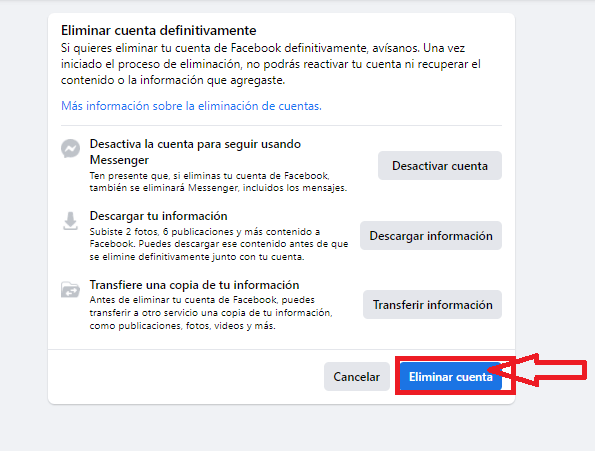 Confirma la eliminación de tu cuenta de Facebook