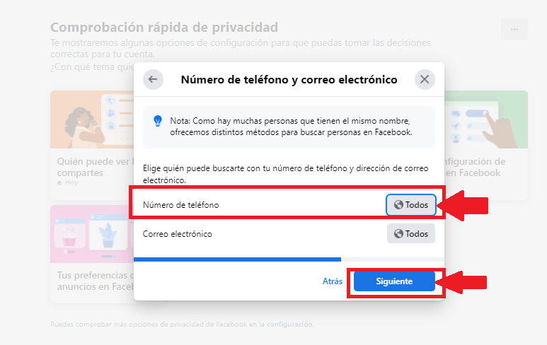 Indica quien puede buscarte con tu email o número de teléfono