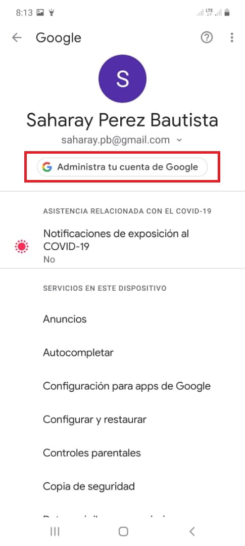 Pulsa sobre Administra tu cuenta de Google