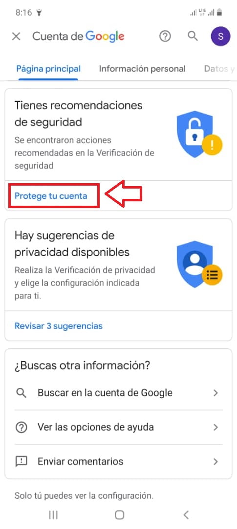 Toca en Protege tu cuenta