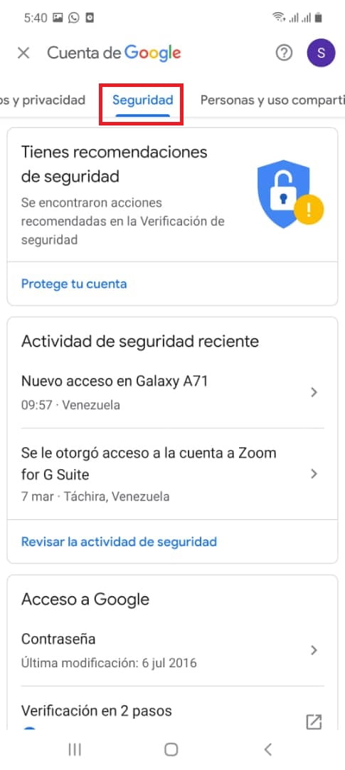 Accede al apartado de Seguridad Accede al apartado de Seguridad