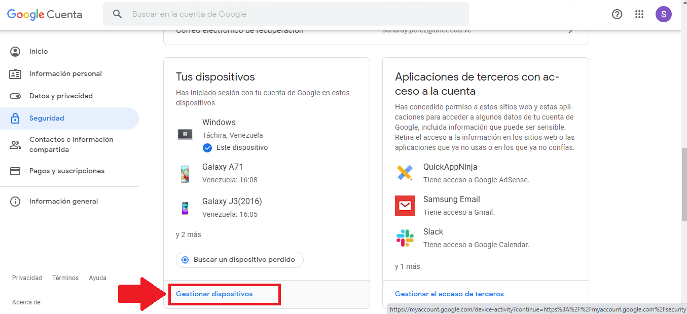 Busca la opción “Gestionar dispositivos” Busca la opción “Gestionar dispositivos”