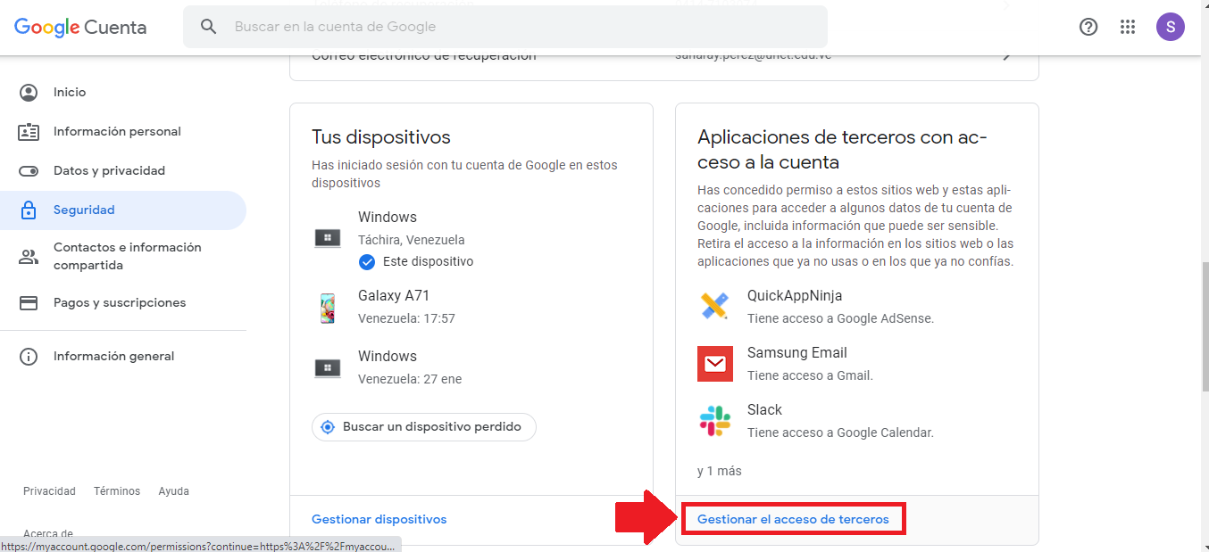 Busca y oprime en “Gestionar el acceso de terceros” Busca y oprime en “Gestionar el acceso de terceros”