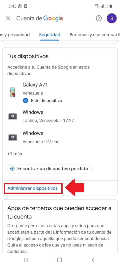 Busca y selecciona la opción “Administrar dispositivos” Busca y selecciona la opción “Administrar dispositivos”