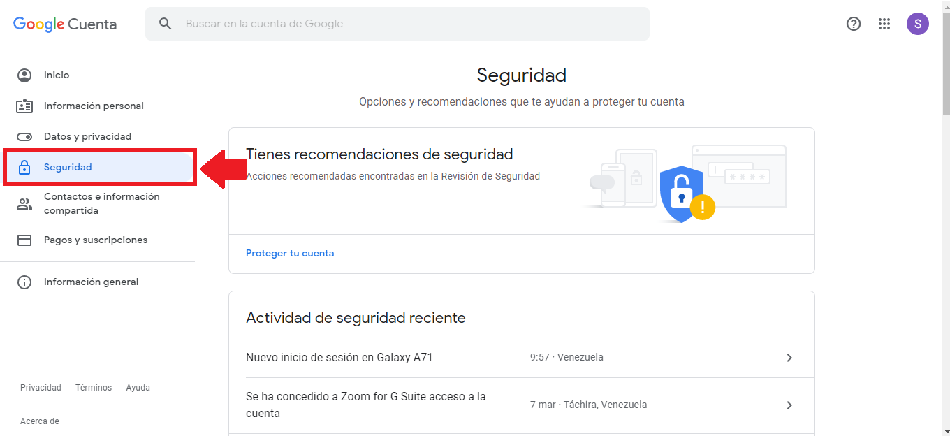Inicia sesión en tu cuenta Google y accede al apartado de Seguridad Inicia sesión en tu cuenta Google y accede al apartado de Seguridad