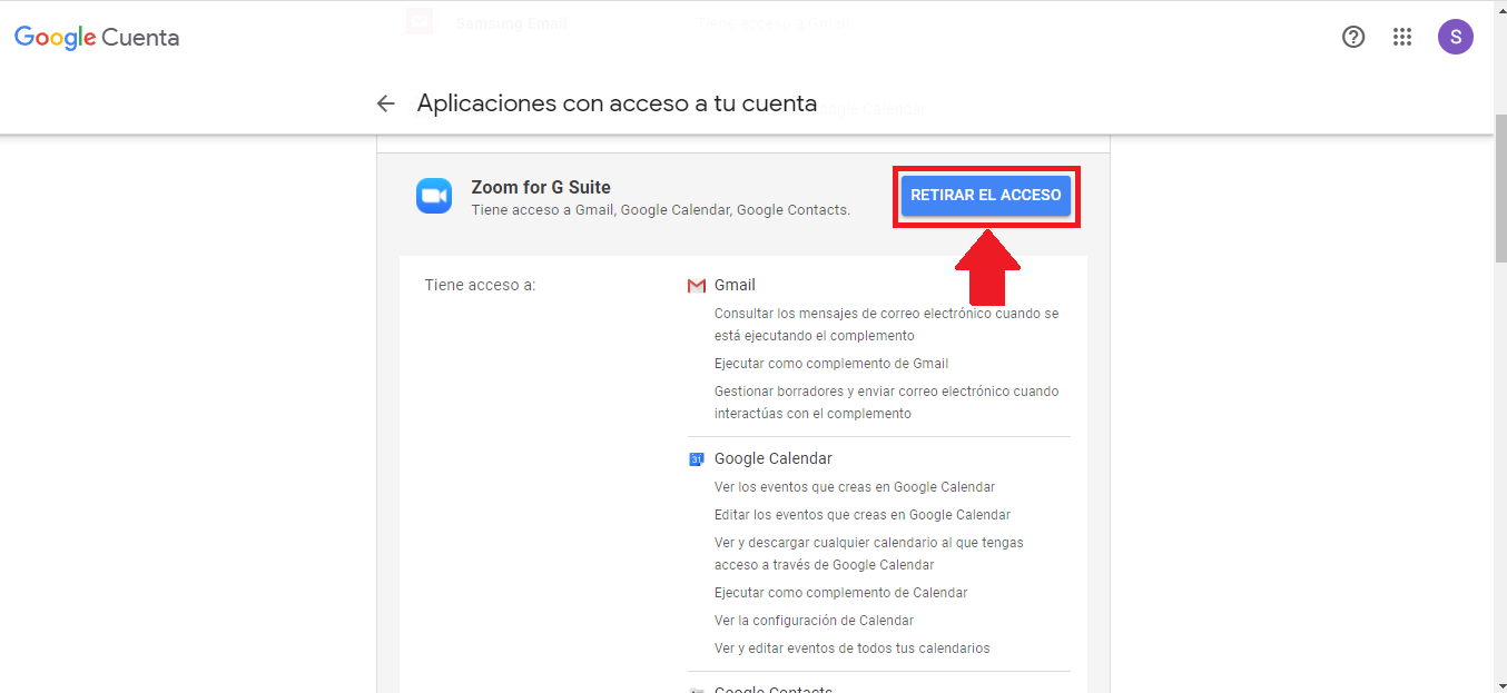 Pulsa el botón “Retirar el acceso” en la app que prefieras Pulsa el botón “Retirar el acceso” en la app que prefieras