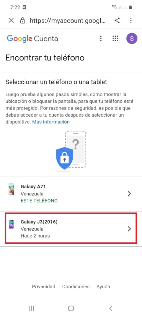 Selecciona el nombre del dispositivo extraviado