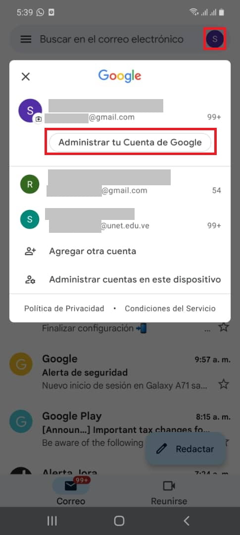 Toca el botón “Administrar tu Cuenta de Google” Toca el botón “Administrar tu Cuenta de Google”