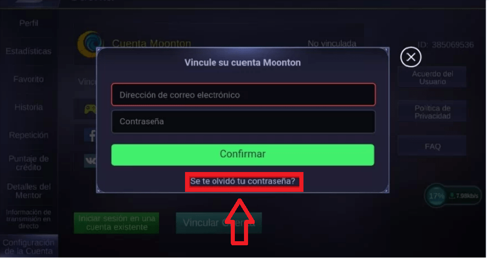 Recuperación de contraseña con inicio de sección vinculada a la cuenta Mooton