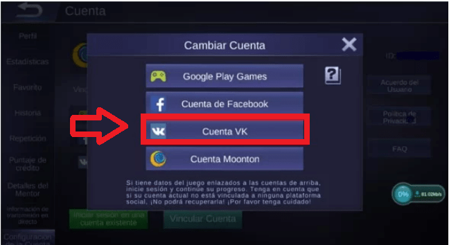 Seleccionar la opción “cuenta VK”