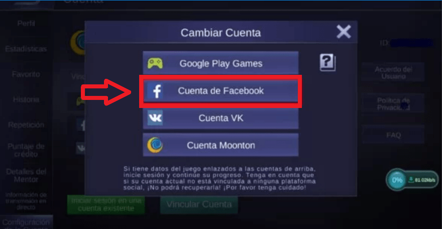Seleccionar la opción “cuenta de Facebook”