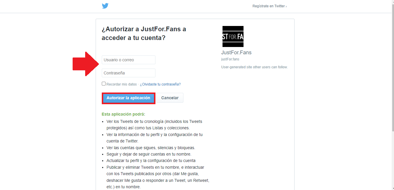 Autoriza a JustFor.Fans a acceder a tu cuenta de Twitter para registrarte como creador Autoriza a JustFor.Fans a acceder a tu cuenta de Twitter para registrarte como creador