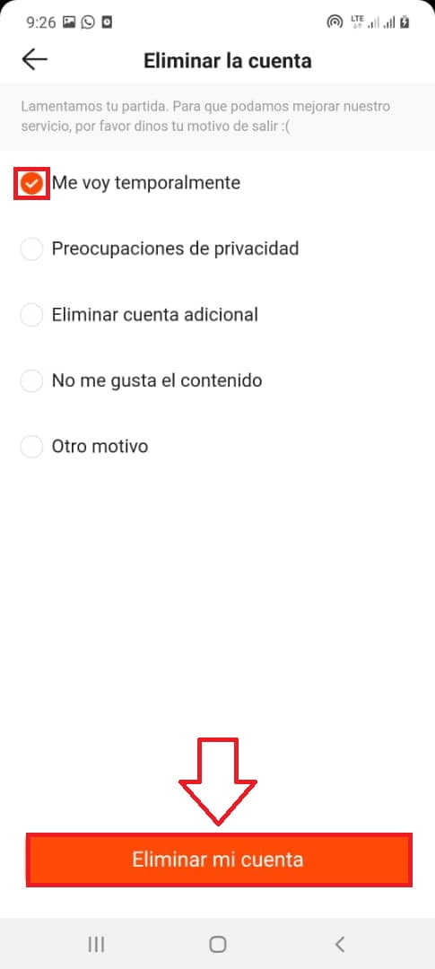 Confirma la acción pulsando en “Eliminar mi cuenta”