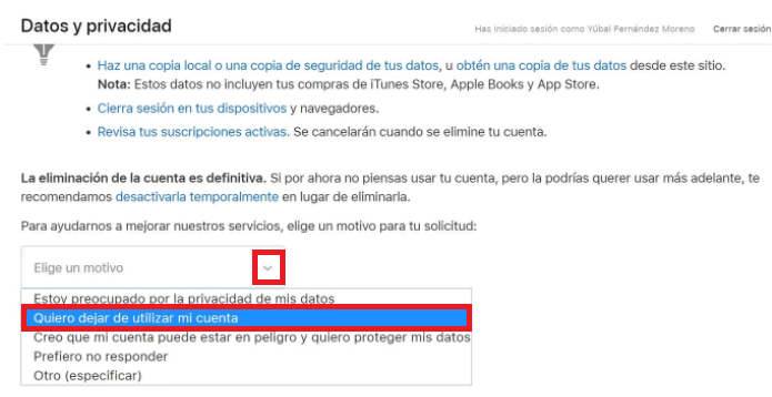 Elige el motivo por el que quieres eliminar tu cuenta