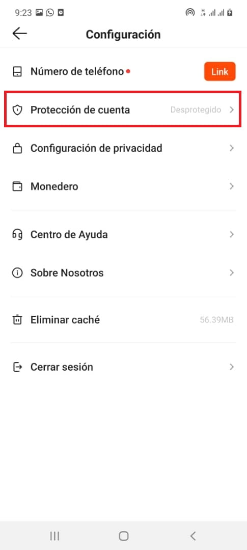 Elige la opción “Protección de cuenta”