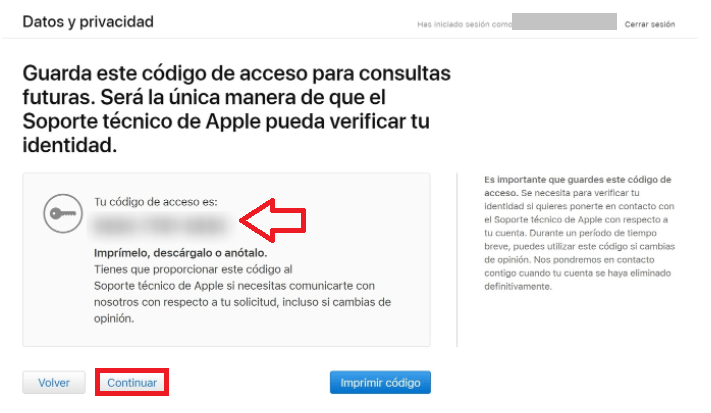 Guarda tu código de acceso