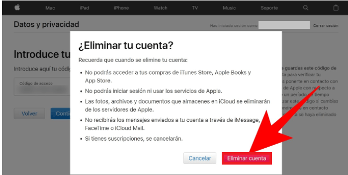 Haz clic en “Eliminar cuenta”