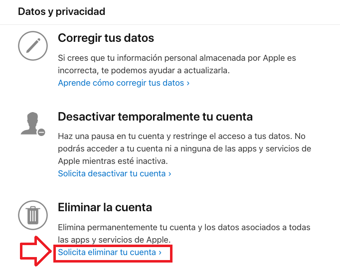 Haz clic en “Solicitar eliminar tu cuenta”