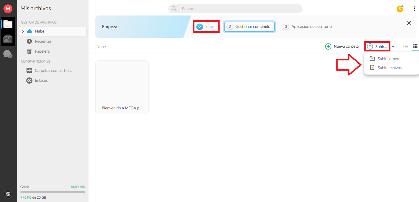 Sube un archivo en Mega  