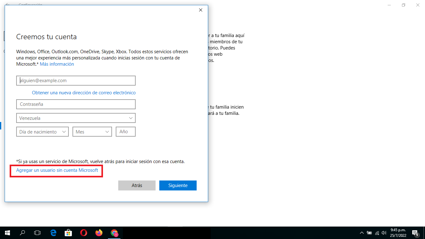 Elige la opción “Agregar un usuario sin cuenta Microsoft”  