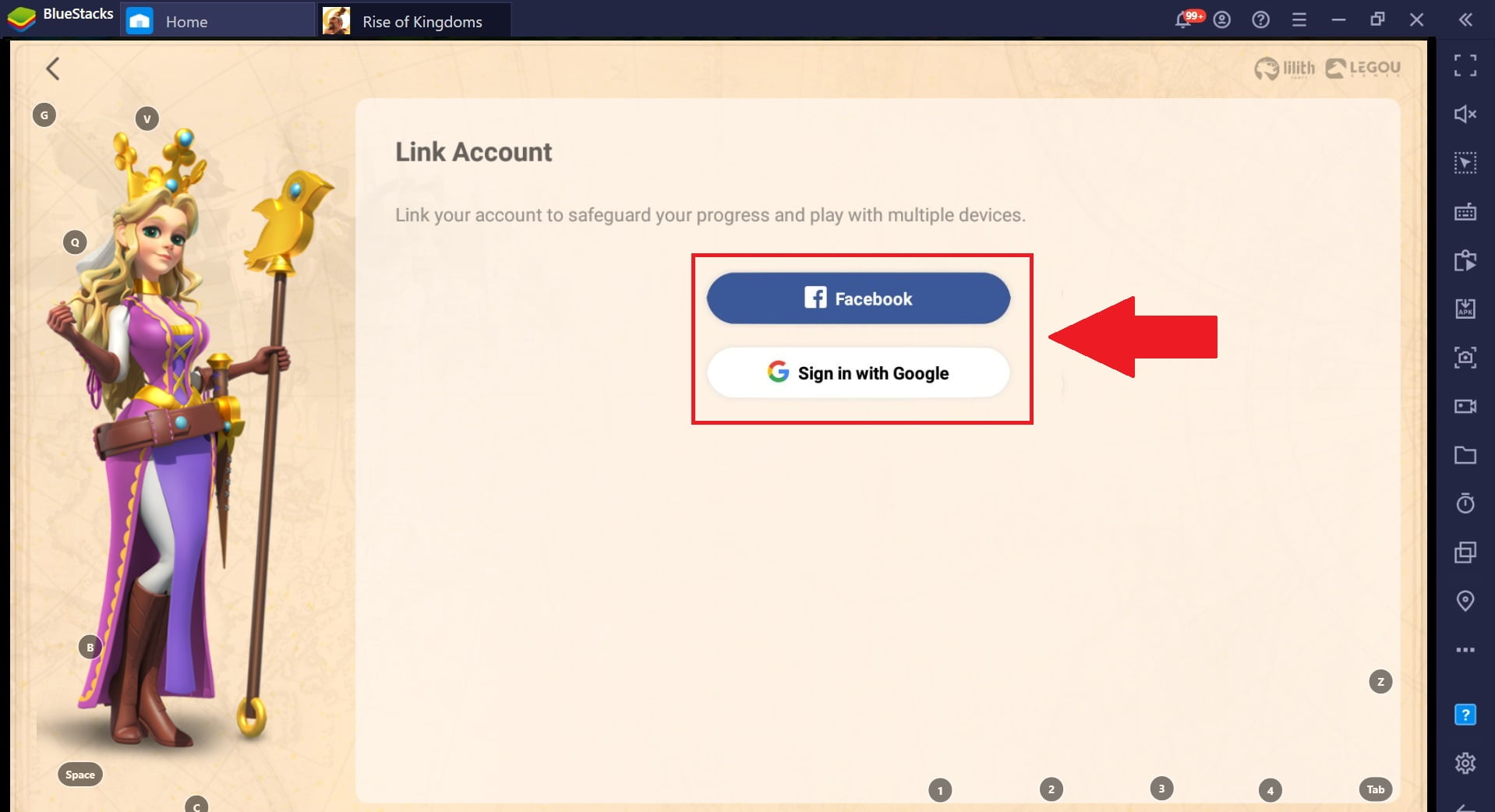 Elige tu cuenta de Facebook o Google Play