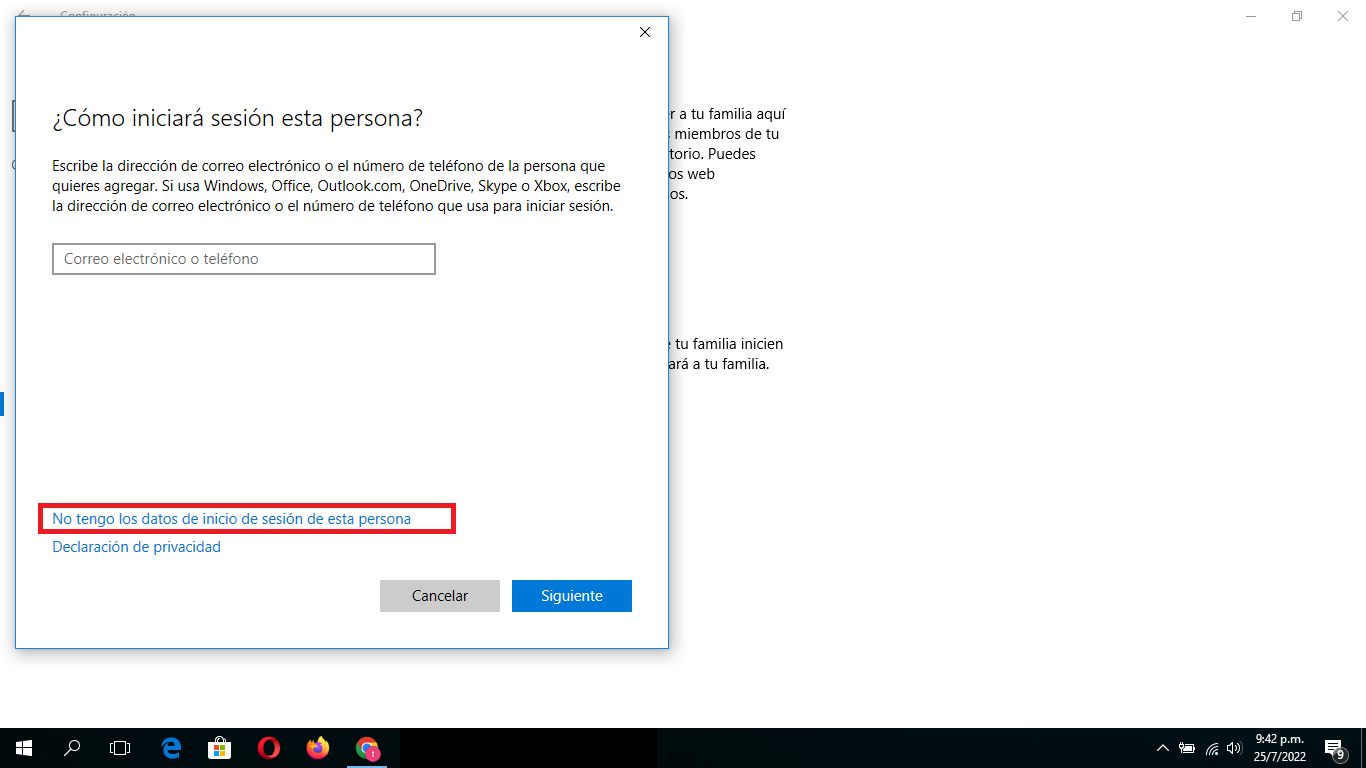 Oprime el enlace “No tengo los datos de inicio de sesión de esta persona”