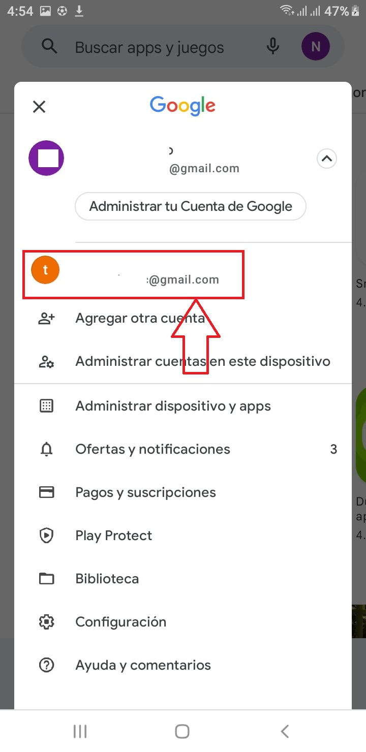Selecciona el correo que quieres usar en la app