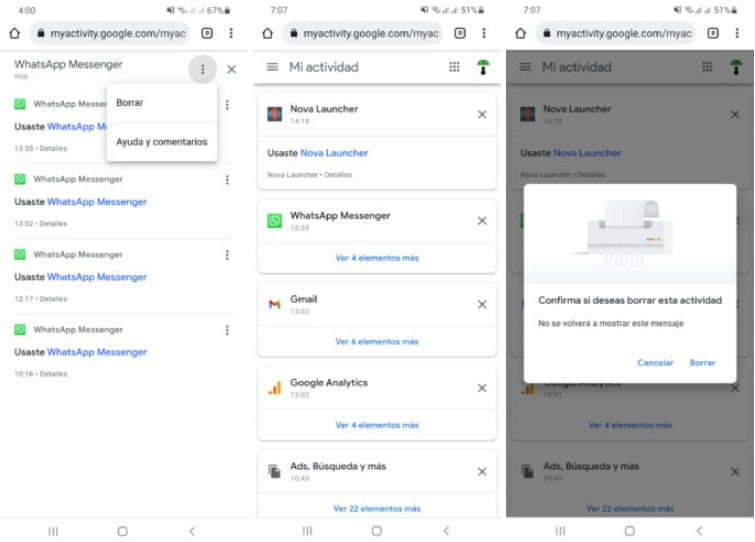Borra las actividades que has hecho recientemente en el móvil