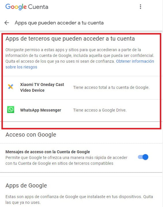 Busca la app que deseas desconectar de tu cuenta de Google Busca la app que deseas desconectar de tu cuenta de Google