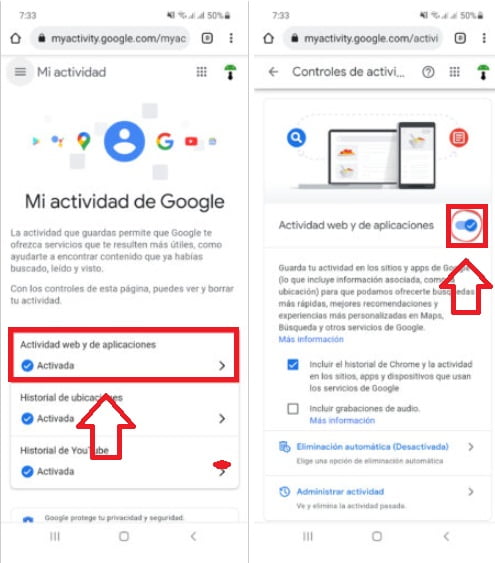 Desactiva el historial de actividad