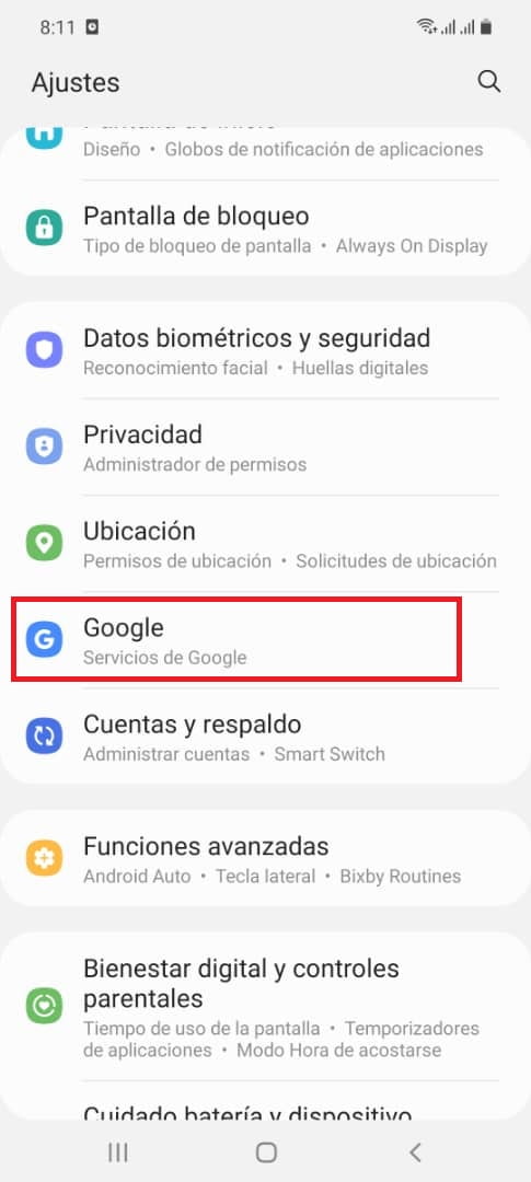 Entra al apartado de Google desde Configuración