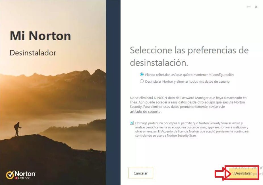 Confirmar la desinstalación en Norton