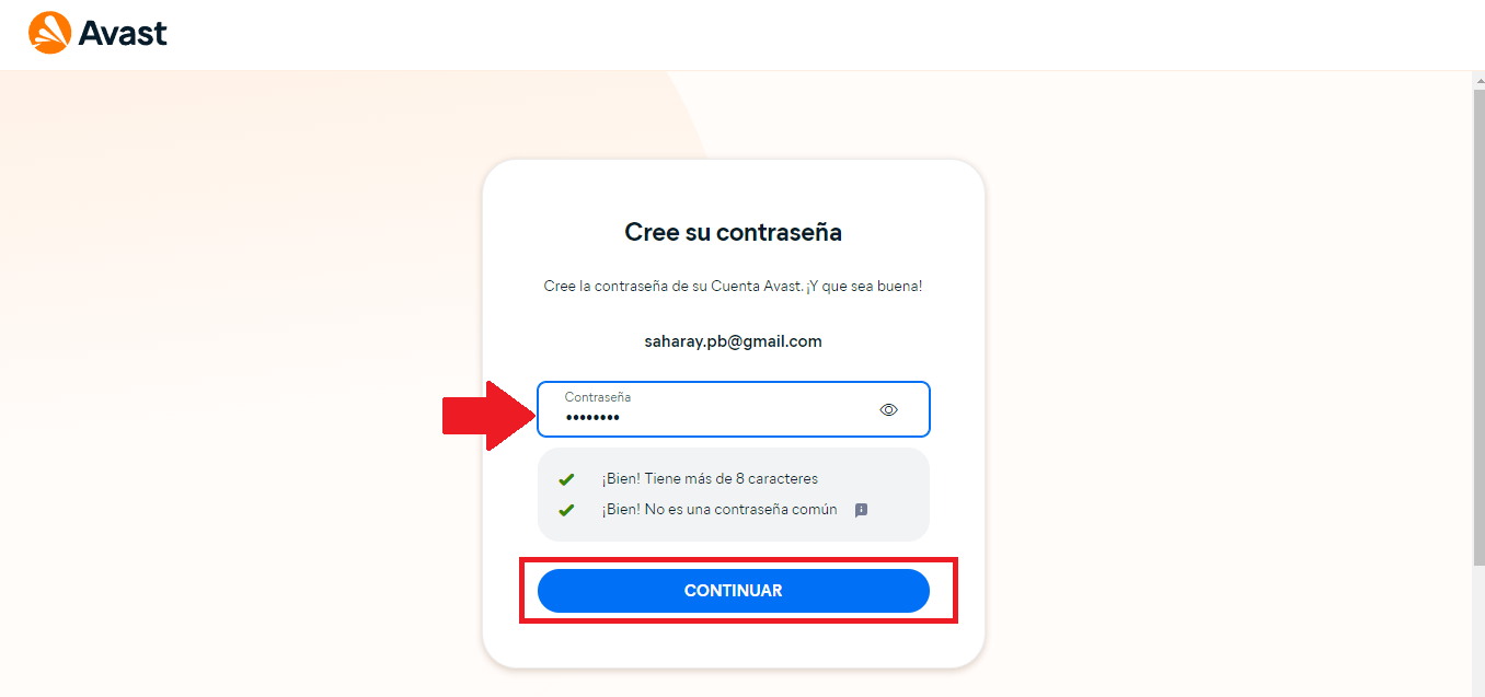 Crea una contraseña para tu cuenta Avast