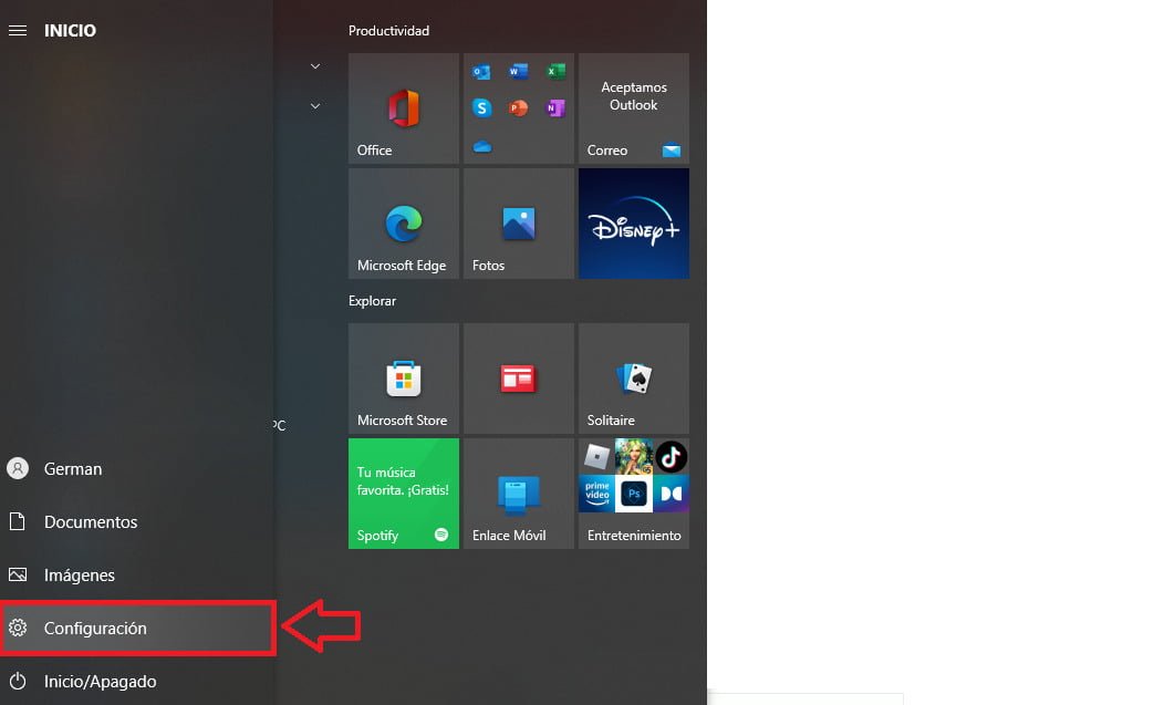 Dirígete a las Configuraciones de Windows