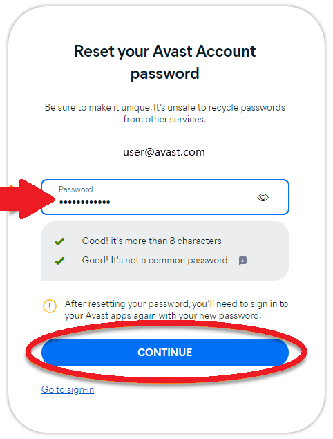 Escribe la nueva contraseña de tu cuenta de Avast Escribe la nueva contraseña de tu cuenta de Avast