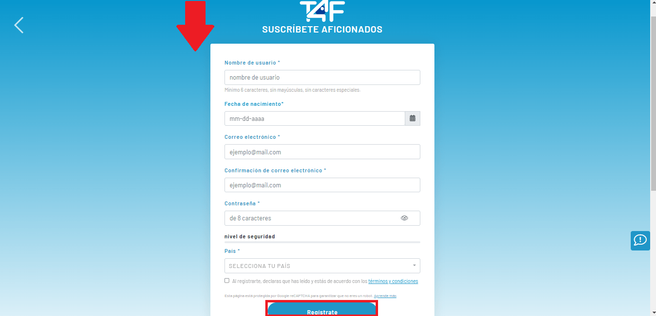 Completa el formulario (si elegiste acceder como “aficionado”)