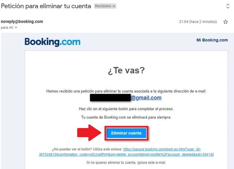 Confirma la eliminación de tu cuenta Booking vía email