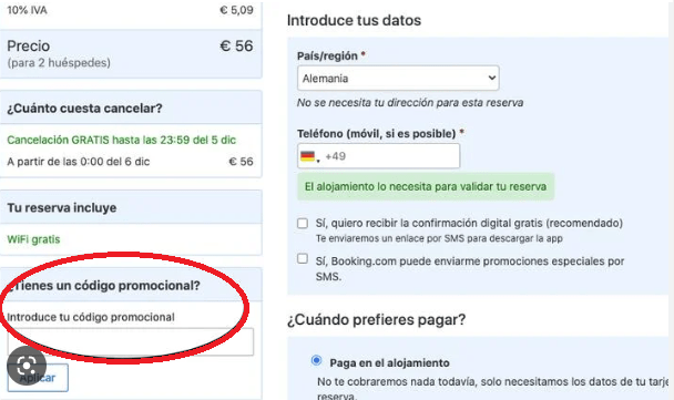 Ingresa el código de descuento Booking