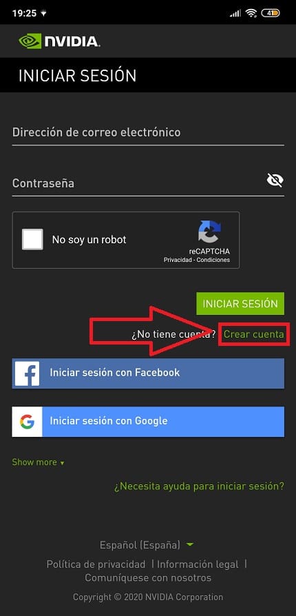 Pulsa sobre el enlace de “Crear cuenta”