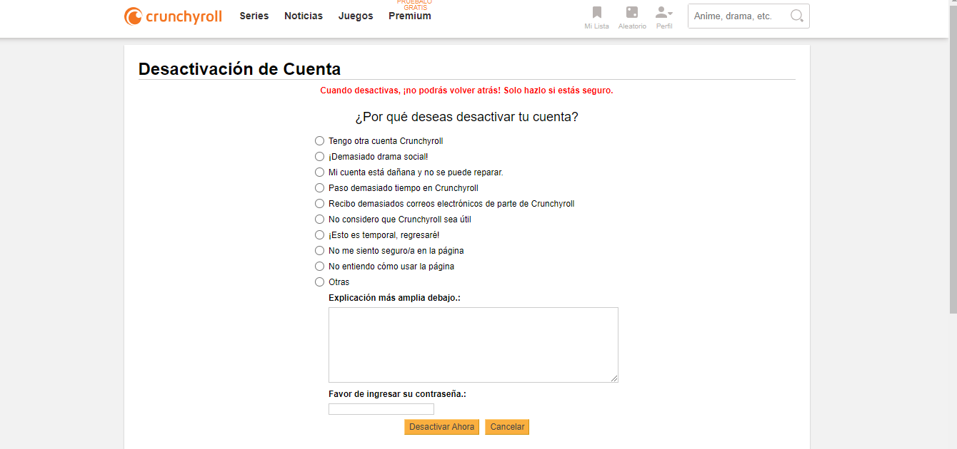 Abre la página de Desactivación de Cuenta