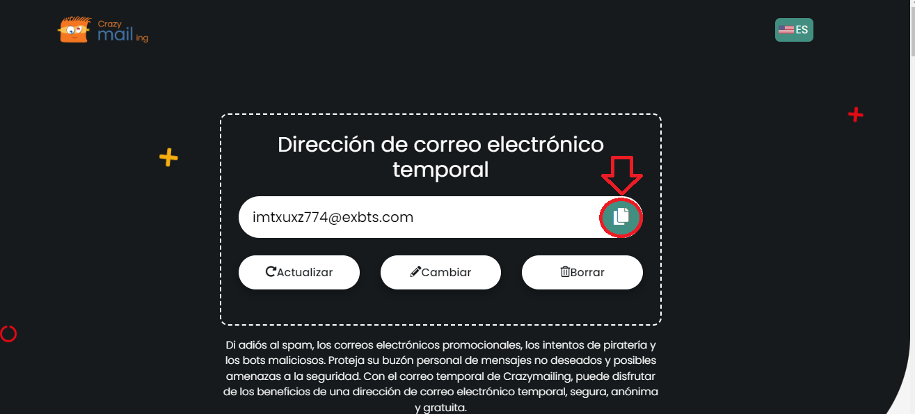 Copia tu dirección de correo electrónico temporal