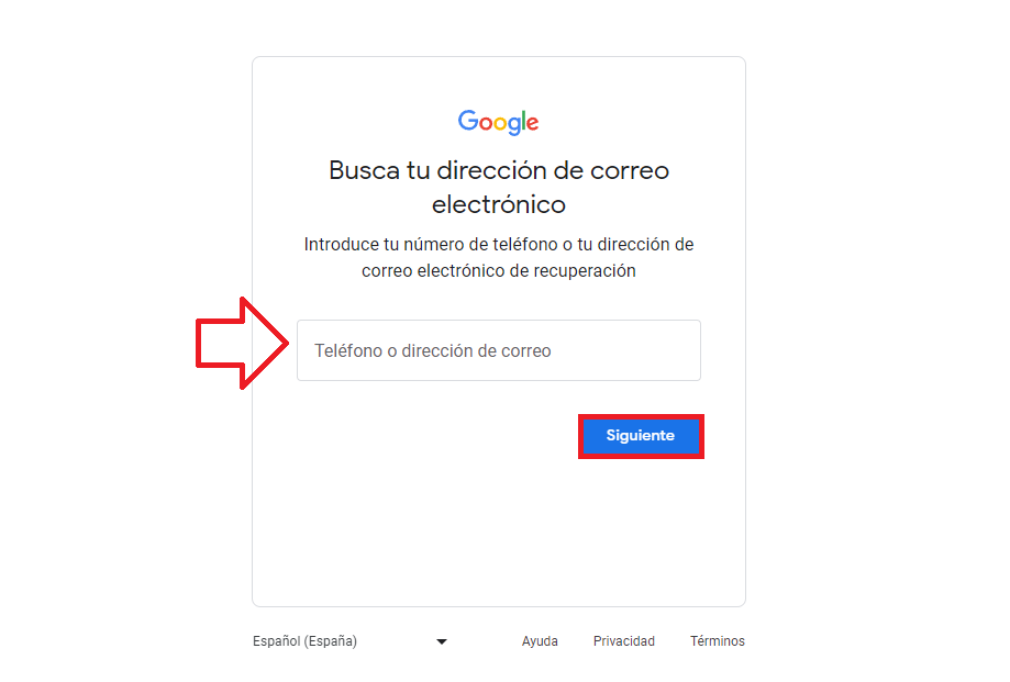 Introduce número telefónico o dirección de email de recuperación
