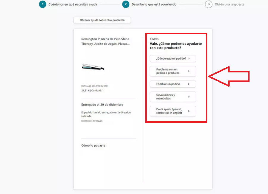Desde la página de contacto de Amazon