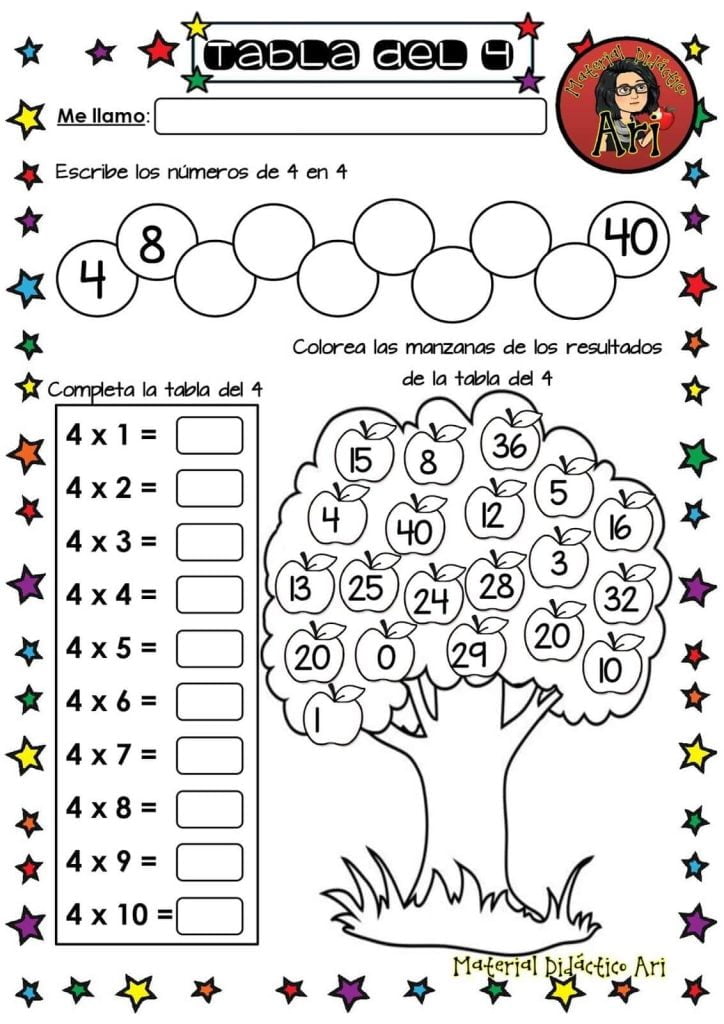 Tabla del 4 para colorear Tabla del 4 para colorear