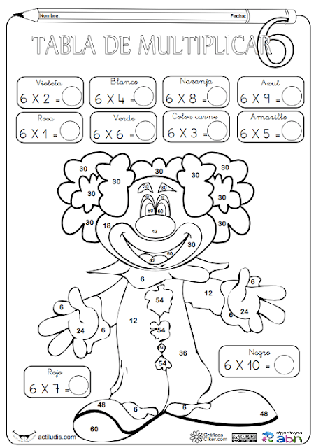 Tabla del 6 para colorear Tabla del 6 para colorear