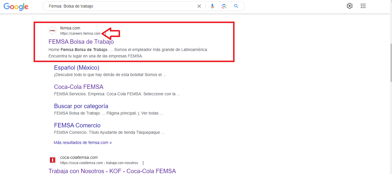 Coloca “FEMSA Bolsa de Trabajo” en el campo de búsqueda