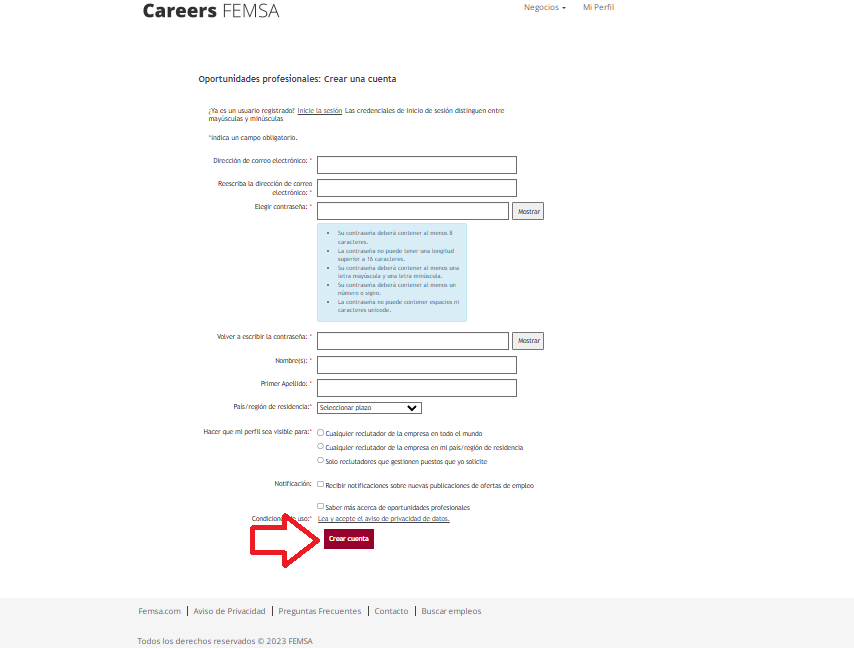 Crea una cuenta en Careers FEMSA